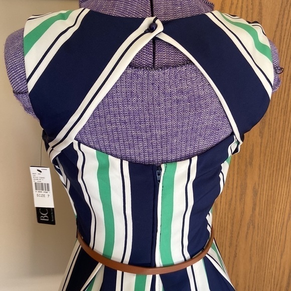 𝅺👗 BCX Striped A-Line Cutout Belted Dress Blue Green White Size 7 NWT - Picture 5 of 11